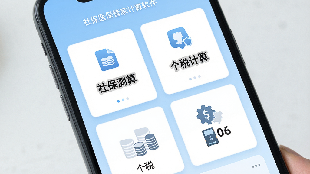 社保医保管家计算软件主界面,手机屏幕展示社保测算、个税计算、发票管理三大功能模块,界面简洁现代,浅蓝色背景,白色卡片式布局,图标清晰,文字标签醒目,整体风格清爽干净,画质高清,无多余元素