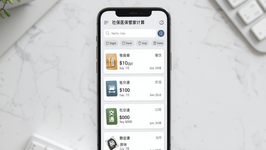 社保医保管家计算发票管理界面,手机屏幕展示发票列表,包含已录入的餐饮、交通、办公等类别,每张发票卡片显示金额和日期,支持搜索栏和筛选标签,背景为浅灰色,线条简洁,风格商务,画质高清,干净无多余元素