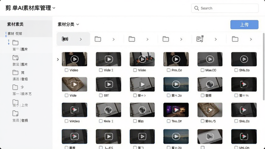 剪单AI素材库管理界面,展示素材分类与文件列表,主体为素材文件夹和缩略图,布局有序,排版直观,风格简约,细节包括视频、图片、音频分类标签、上传按钮、搜索栏,画质干净,无多余元素