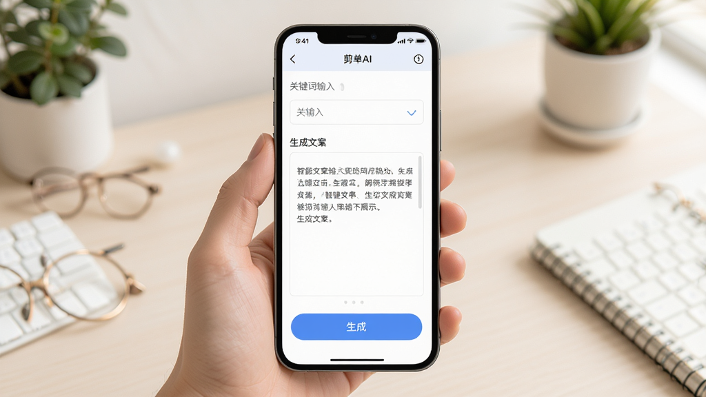 剪单AI的AI帮写文案功能界面,展示手机屏幕中智能生成文案的过程,主体为文案编辑框与生成按钮,布局简洁,排版舒适,风格清新明亮,细节包括关键词输入区、生成文案展示区、一键复制按钮,画质干净,无多余元素