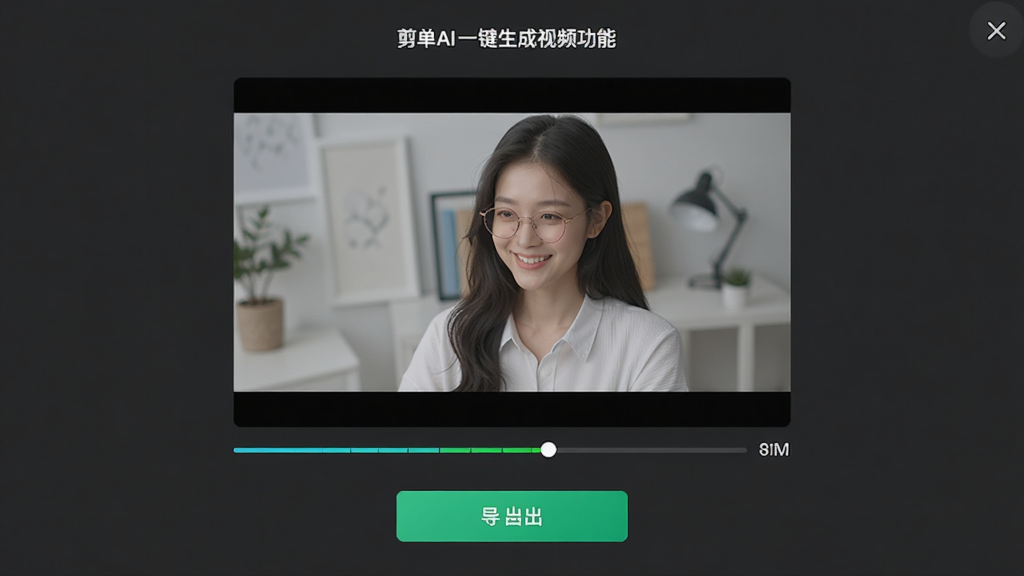 剪单AI一键生成视频功能界面,展示视频合成过程与导出按钮,主体为视频预览窗口,布局居中,排版简洁,风格专业,细节包括生成进度条、预览画面、导出按钮,画质高清,干净无多余元素