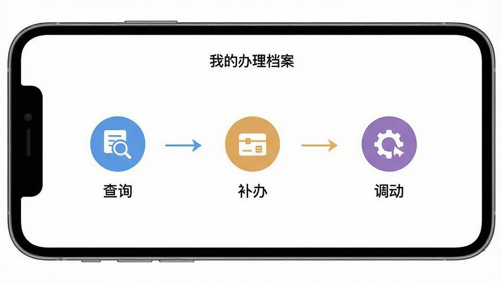 一张展示“我的档案”APP内档案办理流程图解的手机截图,屏幕上显示从“查询”到“补办”再到“调动”的步骤指引,每个步骤用不同颜色的图标区分,并配有简洁的文字说明,背景为干净的白色,界面设计清晰易读,画质高清,干净,无多余元素