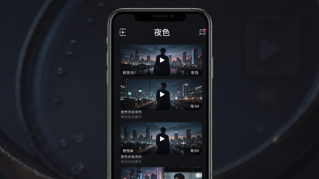 夜色APP主界面展示,手机屏幕中央显示视频列表缩略图,背景为深色主题,界面简洁现代,图标清晰,整体风格高端大气,画质干净,无多余元素,文字标注“夜色”