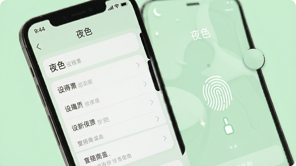 夜色使用指南界面,手机屏幕显示设置菜单和指纹解锁图标,背景为浅绿色,风格清新简洁,画质干净,无多余元素,文字标注“夜色”