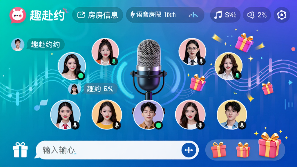 主体:趣赴约APP的语音房间界面,多个用户头像围绕在麦克风周围,有文字聊天和礼物特效;布局:上下结构,上方是房间信息,中间是连麦用户头像,下方是聊天输入框和礼物栏;排版:清晰有序,突出“趣赴约”品牌标识;风格:动感时尚,色彩鲜明,适合年轻用户;细节:头像有麦克风状态标识,礼物有动画效果,背景有音乐律动线条;画质:高清干净,无多余元素