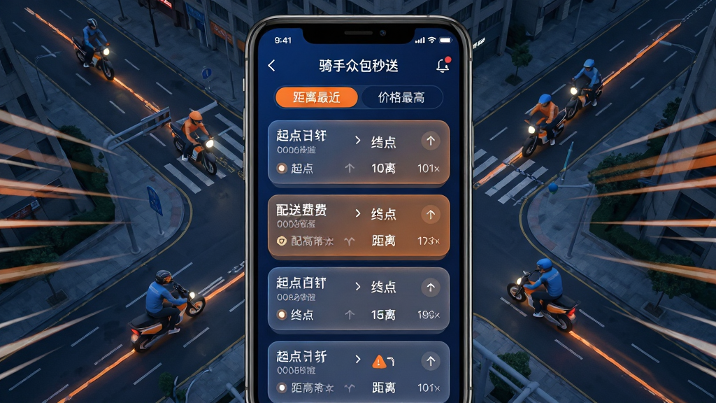 画面主体为“骑手众包秒送”APP的骑手接单大厅界面,屏幕上有订单卡片列表,每张卡片显示起点、终点、配送费与距离,顶部有“距离最近”、“价格最高”筛选标签。背景为城市道路俯瞰图,有骑手骑行轨迹线条。布局为手机居中,两侧有速度线特效,排版紧凑,采用科技感UI风格,色调为深蓝与橙色,细节上突出订单卡片的圆角与阴影,画质高清,干净无多余元素。