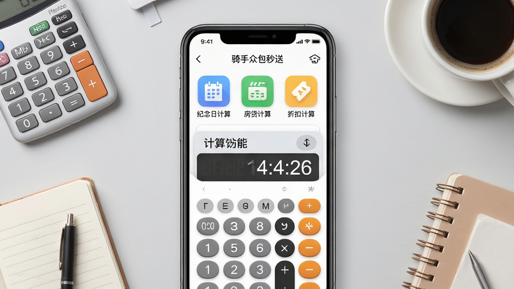 画面主体为“骑手众包秒送”APP的计算器功能页面,屏幕上显示“纪念日计算”、“房贷计算”、“折扣计算”等图标,其中一个计算器界面弹出结果数字。背景为浅灰色桌面,散落着计算器、笔记本和咖啡杯。布局为手机居中,桌面元素环绕,排版简洁,采用拟物化风格,色彩柔和,细节上突出计算结果的数字显示,画质干净,无多余元素。