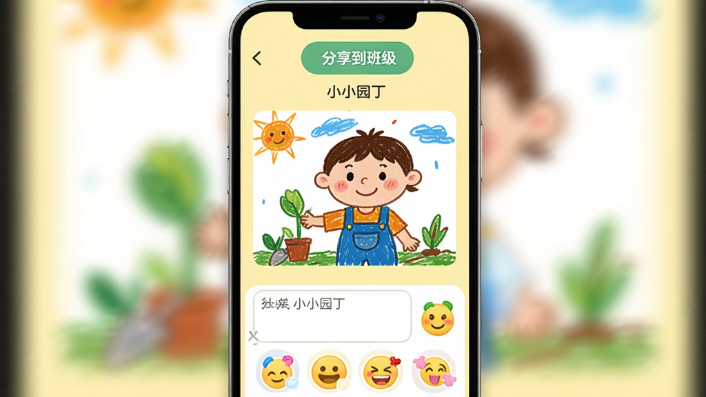 画面主体为“小小园丁”App的成长记录编辑页面,展示一张幼儿绘画作品照片,下方有文字输入框和表情贴纸选项。布局为手机竖屏截图,界面顶部有“分享到班级”按钮。风格为卡通可爱风,细节上照片色彩鲜艳,按钮设计圆润。画质清晰,背景为淡黄色,无多余元素。