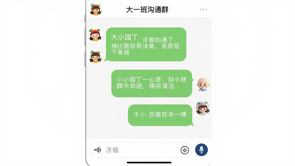 画面主体为“小小园丁”App的聊天界面,显示教师与家长的对话气泡,包含文字和语音消息。布局为手机竖屏,顶部显示“大一班沟通群”,底部有输入框和麦克风图标。风格为简洁社交风格,细节上消息气泡圆润,头像为卡通图形。画质干净,背景为白色,无多余元素。