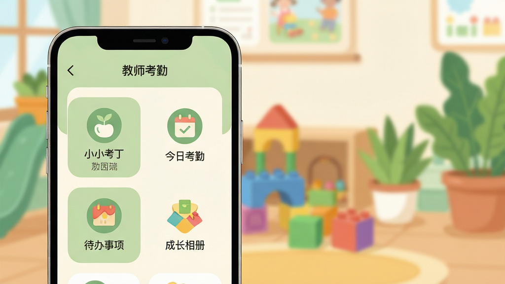 画面主体为“小小园丁”App的智能手机界面特写,屏幕中展示教师端首页,包含今日考勤、待办事项、成长相册等模块图标,界面色调柔和以浅绿和米白为主。背景为虚化的幼儿园教室,有彩色积木和绿植点缀。布局采用手机居中偏左,右侧留白用于文字排版。风格为清新扁平插画风,细节上突出图标圆润、文字清晰,画质高清干净,无多余元素。