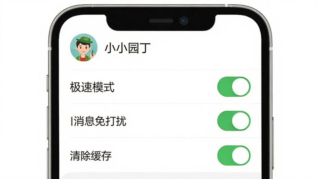 画面主体为“小小园丁”App的“我的”设置页面,显示“极速模式”、“消息免打扰”、“清除缓存”等选项。布局为手机竖屏截图,顶部有个人头像和名字。风格为简洁列表风格,细节上开关按钮为绿色,文字清晰。画质干净,背景为白色,无多余元素。