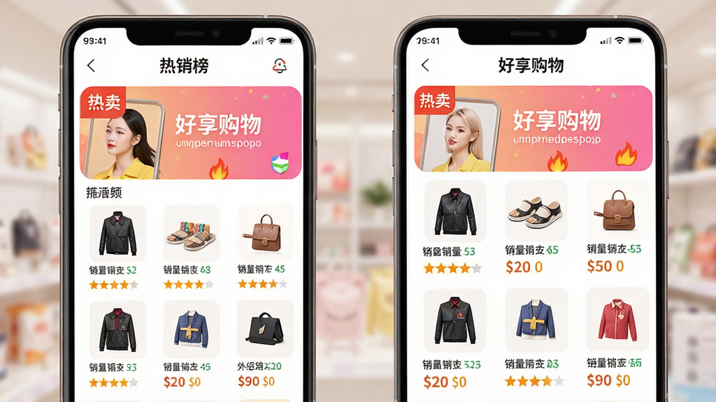 主体:好享购物App热销榜页面,显示各类商品排行榜单,榜首商品带有“热卖”标签。布局:手机界面竖屏展示,榜单列表清晰排列,商品图片与价格并列。排版:简洁直观,突出“好享购物”品牌与榜单标题。风格:时尚电商风格,色彩活泼,图标精致。细节:商品缩略图、销量数据、星级评分清晰可见。画质:高清渲染,画面整洁,无多余元素。