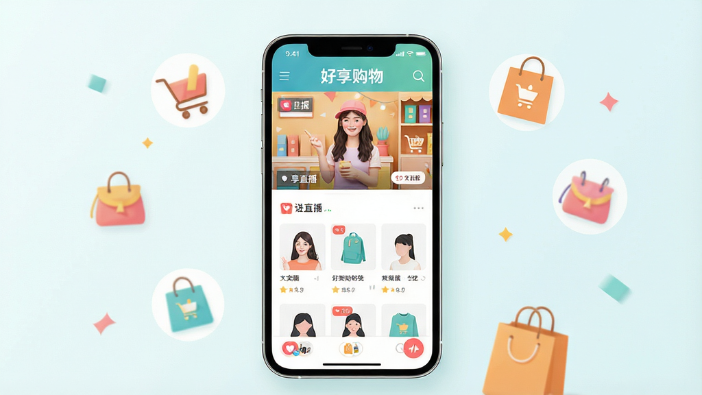 主体:好享购物App界面展示,手机屏幕中显示购物直播画面与商品列表,整体风格明亮温馨。布局:手机居中,屏幕内容清晰可见,周围点缀少量商品图标与购物袋元素。排版:简洁大气,突出App名称“好享购物”字样。风格:现代扁平化,色彩清新明快,细节丰富。画质:高清渲染,干净整洁,无多余元素。