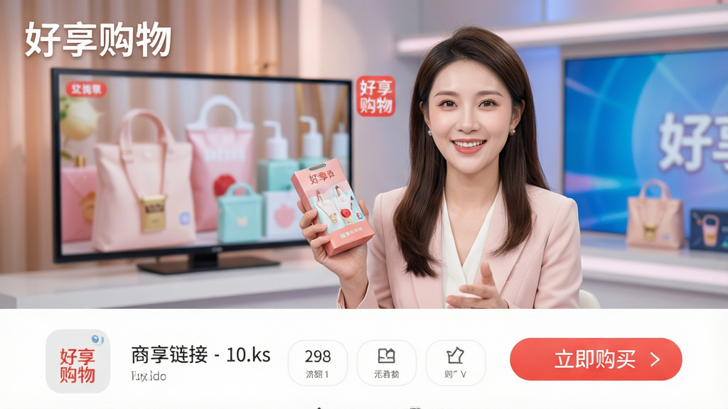 主体:好享购物App直播购物场景,主播在明亮演播室中展示商品,屏幕下方显示商品链接与购买按钮。布局:画面分为上下两部分,上方为主播与商品特写,下方为App界面元素。排版:突出“好享购物”品牌标识,界面信息清晰易读。风格:专业电视购物风格,灯光柔和,色彩鲜艳。细节:主播手持商品微笑介绍,屏幕上有“立即购买”按钮。画质:高清细腻,画面干净,无多余元素。