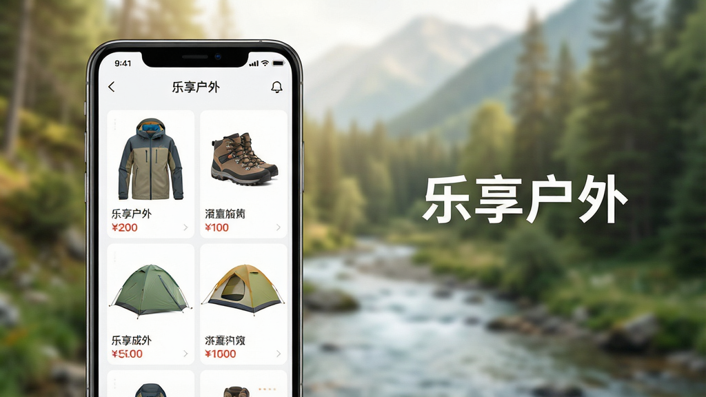 一幅高清产品展示图,主体是智能手机屏幕上的“乐享户外”APP界面,界面清晰展示户外冲锋衣、登山鞋、帐篷等商品图片和价格标签。背景是虚化的户外山林与溪流自然风光,光线明亮柔和。布局采用手机居中偏左,右侧留白并配有“乐享户外”文字标识。排版简洁大气,突出APP界面内容。风格为现代商业摄影与UI界面结合,细节丰富,画质细腻,干净无多余元素。
