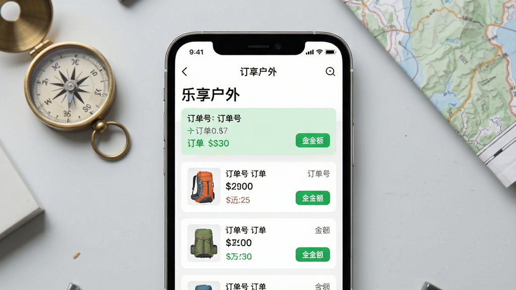 一张手机APP功能预览图,主体为“乐享户外”APP的购物车与订单列表界面,屏幕上显示几件户外装备订单状态。背景是简洁的浅灰色工作台,上面散落着指南针和地图。布局为手机屏幕占据画面中央,上下留白。排版强调信息层级,订单状态用绿色高亮。风格写实清晰,细节包括订单号、金额和按钮图标,画质高清,干净无多余元素。