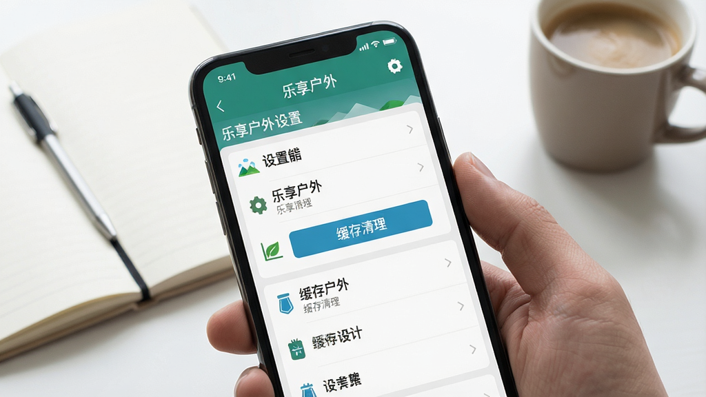 一张手机操作示意图,主体是一只手拿着手机,屏幕显示“乐享户外”APP的设置页面,包含缓存清理按钮。背景是简洁的书桌,有笔记本和咖啡杯。布局为手机特写,占画面三分之二。排版清晰,设置选项以列表形式展现。风格写实,细节包括屏幕上的文字提示和图标,画质干净,无多余元素。