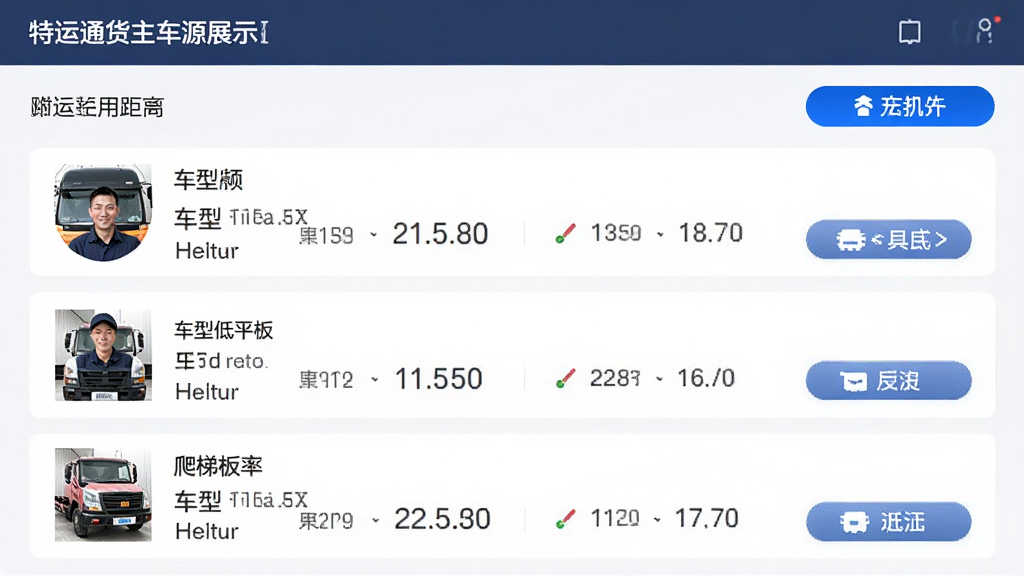 特运通货主车源展示界面,显示附近可用低平板、爬梯板等车辆列表,包含司机头像、车型、距离、报价等信息,界面信息层级分明,蓝色高亮按钮,干净商务风格