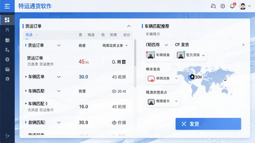 特运通货主软件主界面预览图,展示货运订单列表、车辆匹配推荐、发货按钮等核心功能模块,界面简洁清晰,蓝色主题色调,现代商务风格,画质干净,无多余元素