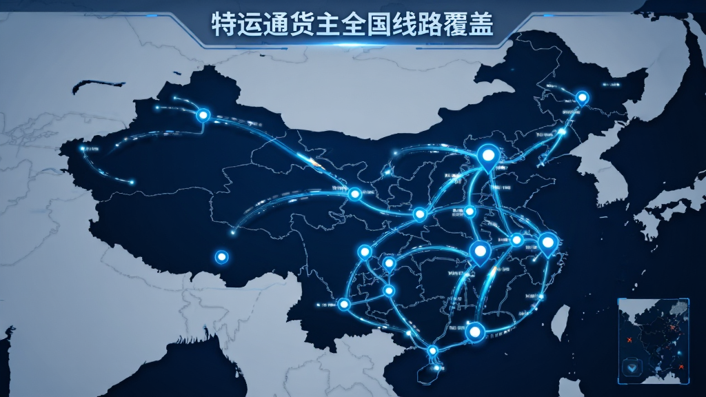 特运通货主全国线路覆盖地图,重点城市用蓝色标记点显示,线路连线动态效果,背景为中国地图,风格简约大气,科技蓝主色调