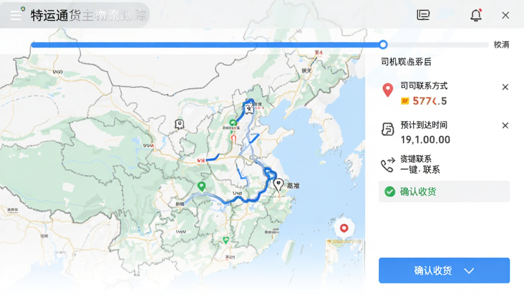 特运通货主物流跟踪界面,显示地图轨迹、司机联系方式、预计到达时间,下方有“一键联系”“确认收货”按钮,界面清晰,蓝色进度条