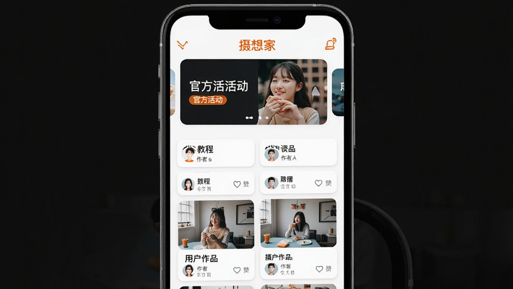 摄想家APP的创作者社区页面,顶部为轮播图展示官方活动,下方为瀑布流形式的教程卡片和用户作品,卡片上显示标题、作者头像和点赞数,整体风格清新活泼,主色调为白色和橙色,文字“摄想家”显示在导航栏中央,画质干净,元素排列整齐,无多余元素