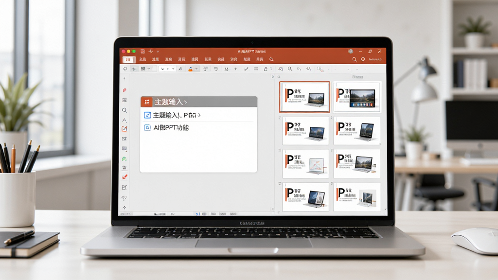 展示AI写作绘画视频PPT助手的AI做PPT功能,画面中一台笔记本电脑屏幕显示PPT编辑界面,左侧有主题输入框,右侧有自动生成的PPT缩略图,背景为明亮的办公环境,主体为电脑和PPT内容,布局居中,排版清晰,风格商务简洁,细节丰富,画质高清干净