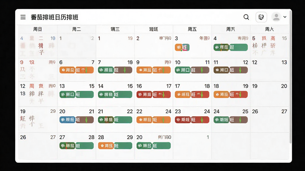 番茄排班日历排班功能预览图,展示月视图界面,日期格内显示彩色班次标记与农历,风格简洁清晰,画质干净,无多余元素