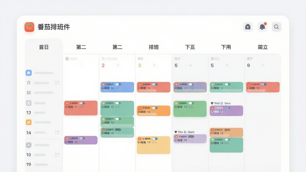 番茄排班软件主界面预览图,展示日历月视图与排班色块,布局清晰,风格简洁现代,图标圆润,色彩柔和,画质干净,无多余元素