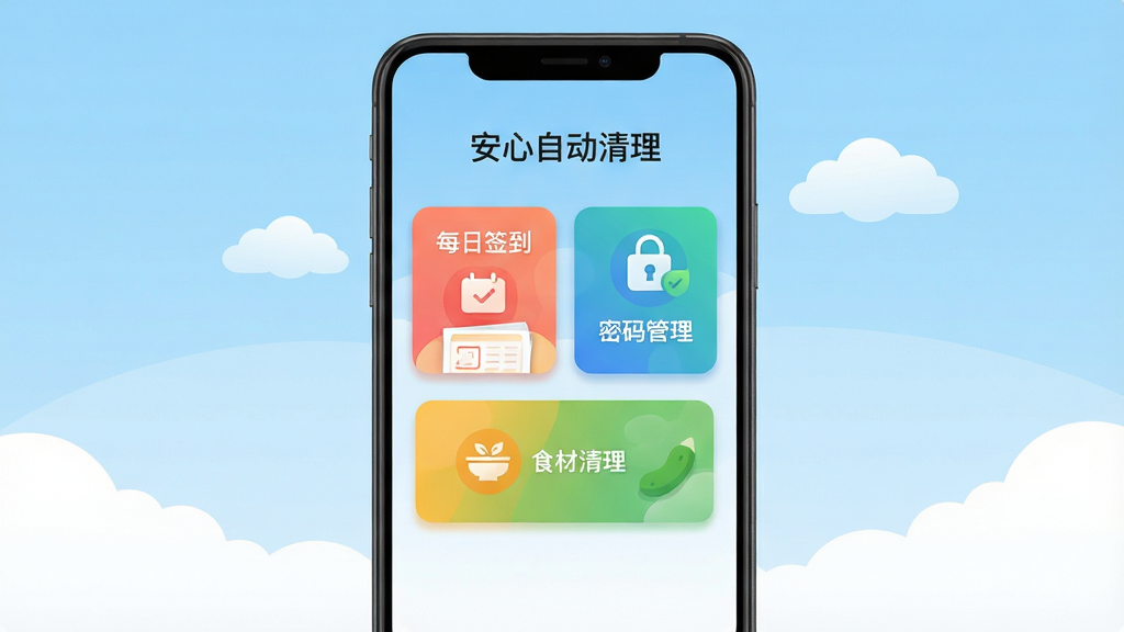 画面中心展示一款名为“安心自动清理”的安卓手机应用界面,主体为手机竖屏模型,屏幕内清晰显示“每日签到”、“密码管理”、“食材清理”三个彩色功能卡片,背景为浅蓝色渐变与白色云朵,布局采用居中对称,排版简洁明快,风格为扁平化插画,细节包含卡片阴影与圆角,画质高清干净,无多余元素