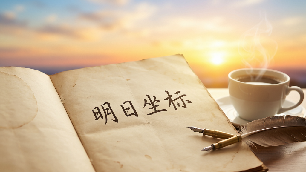 画面中央是一本打开的复古信纸,信纸上手写着“明日坐标”四个字,旁边放着一支羽毛笔和一杯热咖啡,背景是模糊的日出天空,整体色调温暖明亮,构图简洁干净,采用浅景深效果,画质细腻,无多余元素。