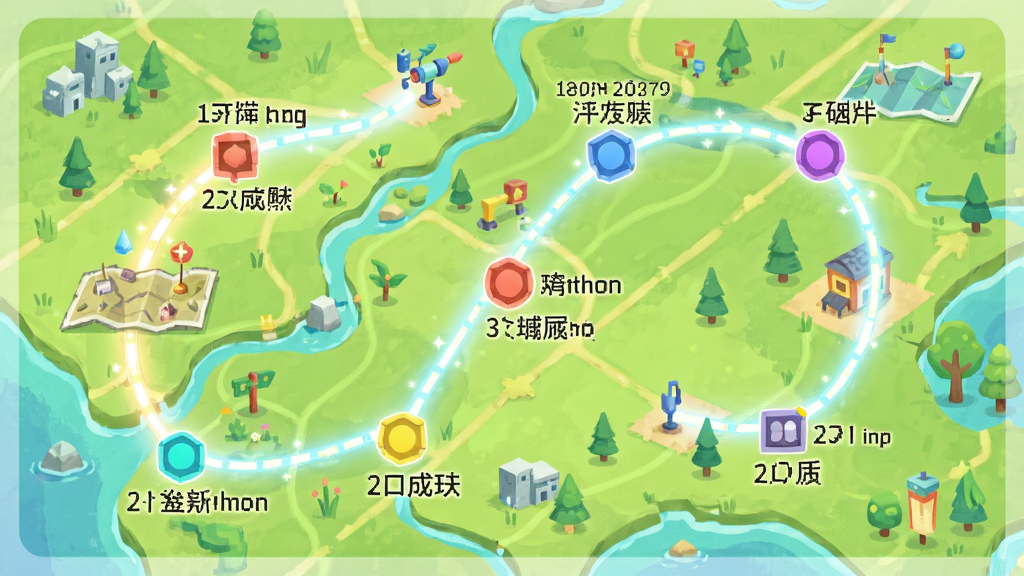俯视视角的创意地图,地图上有多个彩色坐标点,每个点旁边标注日期和成就名称,一条发光的曲线连接各点,画面采用明亮的插画风格,色彩清新,排版整齐,细节精致,画质干净。