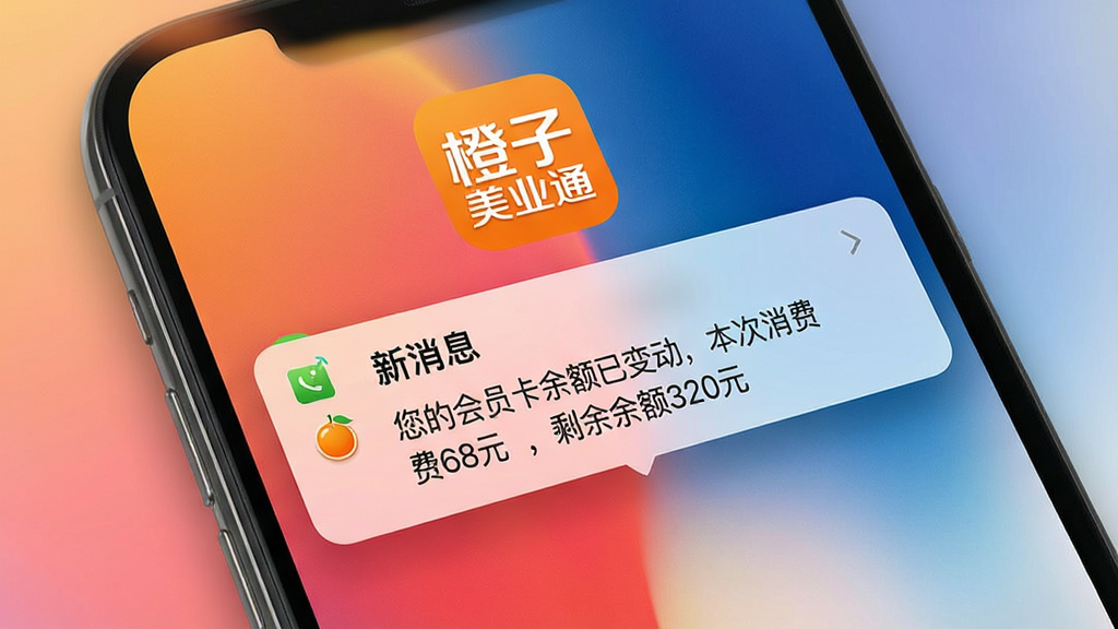 画面主体为手机屏幕展示橙子美业通消费推送通知,界面顶部为“橙子美业通”应用图标,下面显示一条新消息通知,内容为“您的会员卡余额已变动,本次消费68元,剩余余额320元”。布局为手机锁屏通知样式,背景为渐变色壁纸。风格为拟物化设计,细节包括消息推送的悬浮窗效果。画质高清干净,无多余元素。