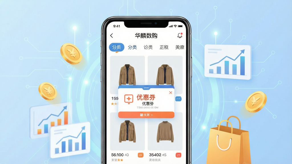 一幅现代简约风格的电商软件宣传图,主体为智能手机屏幕展示“华麟数购”APP界面,界面包含商品瀑布流、分类导航、优惠券弹窗,背景为淡蓝色渐变科技感光效,布局采用居中构图,手机两侧环绕金币、购物袋、数据图表等元素,整体风格清新商务,细节丰富,画质高清干净无多余元素,屏幕内显示“华麟数购”字样