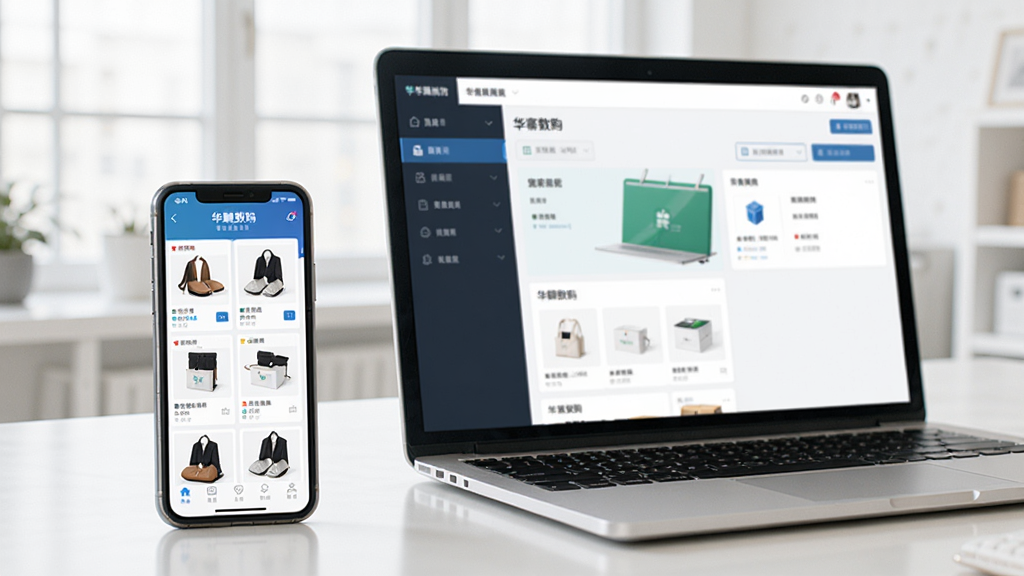一张展示“华麟数购”APP在手机和电脑上使用的场景图,手机放在桌面,屏幕显示商品列表,旁边有一台笔记本电脑显示商家后台,整体环境明亮整洁,风格纪实,细节丰富,画质高清,干净无多余元素,可见“华麟数购”界面