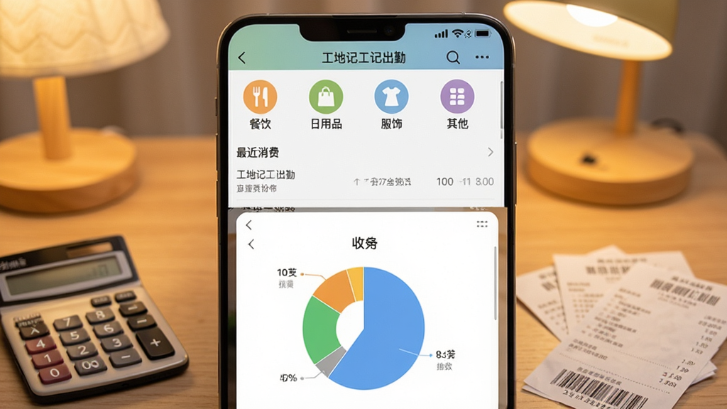 手机分屏截图,上半部分显示“工地记工记出勤”的记账页面,有“餐饮”、“日用品”、“服饰”、“其他”四个分类图标,下方是最近的消费记录列表;下半部分显示一个简单的收支统计饼图。背景为温馨的室内环境,柔和的灯光下,手机旁边放着一个计算器和几张发票,画面干净整洁,无多余元素。