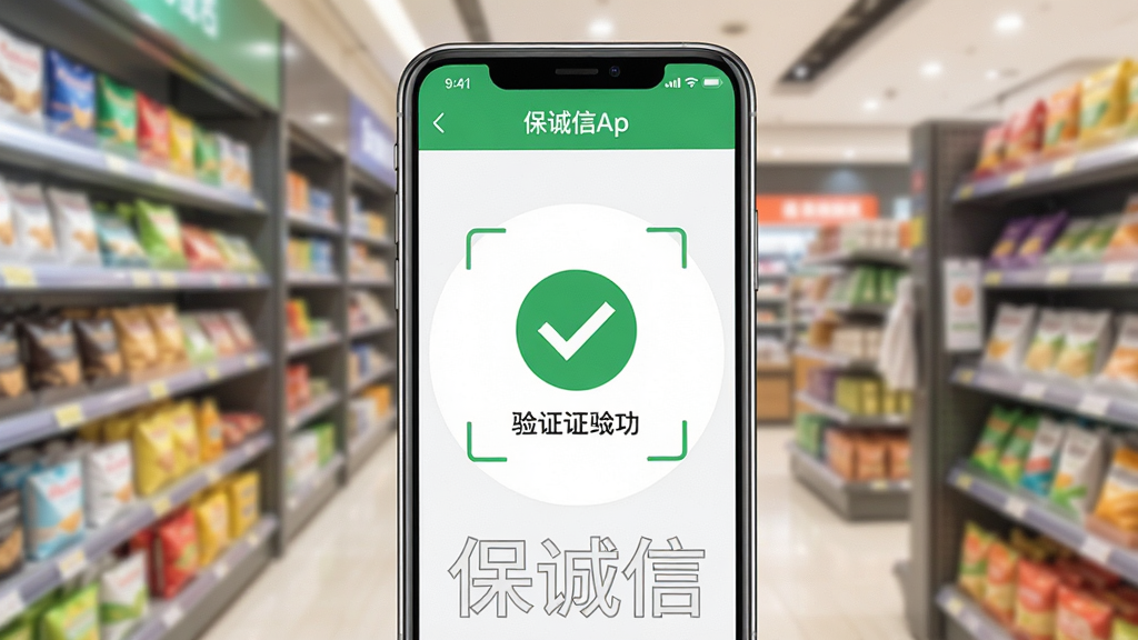 一张智能手机屏幕正显示保诚信App的扫码界面,屏幕中央为绿色对勾的验证成功界面,背景为模糊的商场货架,手机下方有“保诚信”字样的水印,整体风格简洁明亮,突出正品验证的安全感,画质清晰,干净无多余元素。