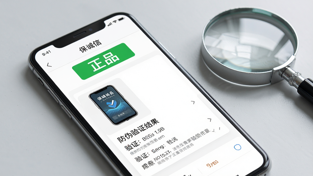 手机屏幕展示保诚信App的防伪验证结果页,上方显示“正品”绿色标签,下方有商品图片和详细验证信息,背景为浅灰色桌面,手机旁放置一枚放大镜,整体构图清晰,风格写实,画质高清,干净无多余元素。