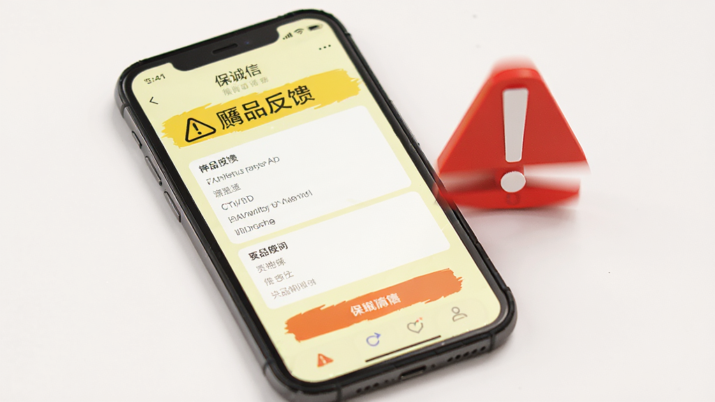 手机屏幕展示保诚信App的赝品反馈页面,页面有表单可填写,背景为淡黄色警告色,手机旁有红色感叹号图标,整体风格警示性明显,构图简洁,画质清晰,干净无多余元素。