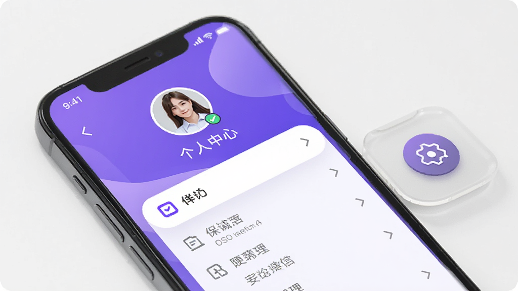 手机屏幕展示保诚信App的个人中心界面,包含头像、菜单列表,背景为渐变紫色,整体风格时尚,手机旁有设置图标,画质细腻,干净无多余元素。