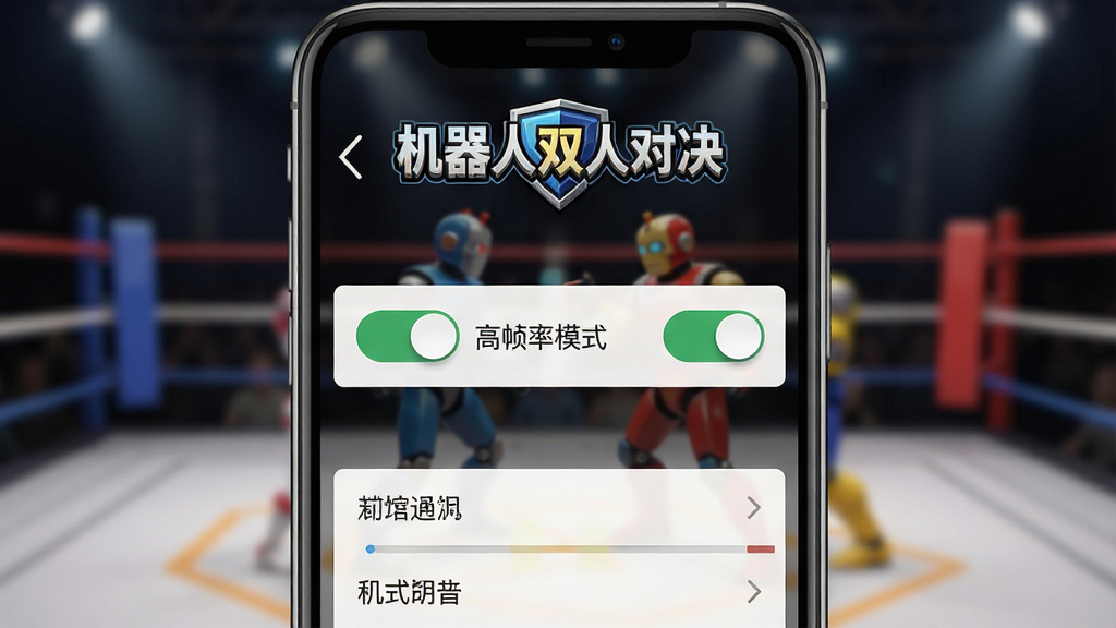 一张手机屏幕截图,屏幕中显示游戏设置界面,界面上有一个开关按钮,旁边标注“高帧率模式”,背景是模糊的擂台场景。主体是手机屏幕和设置选项,布局上方是游戏LOGO“机器人双人对决”,下方是几个设置条目。排版简洁清晰,风格为写实UI截图,细节包括开关的滑动状态、选项文字的清晰显示。画质高清,画面干净无多余元素。