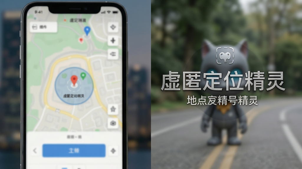 虚匿定位精灵功能预览图,左侧为地图选点操作界面,右侧为生成后的照片水印效果特写,水印文字清晰显示“虚匿定位精灵”与地点名称,背景虚化突出主体,布局对比鲜明,排版简洁,风格写实,细节精致,画质高清,干净无多余元素
