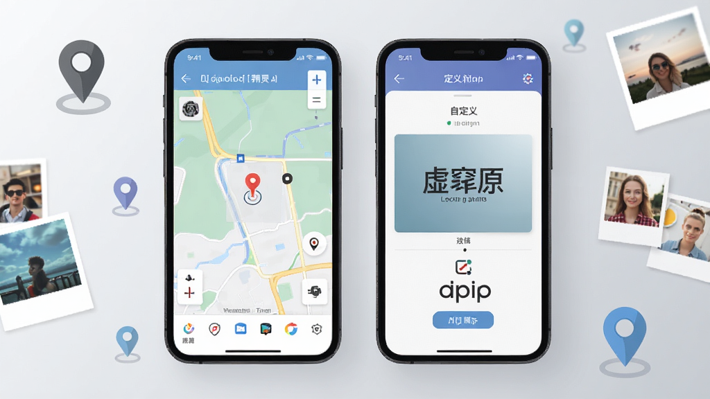 画面中央展示虚匿定位精灵APP主界面,手机屏幕内显示地图选点与自定义水印编辑页面,背景为简洁的浅灰色渐变,周围点缀着定位图标与照片缩略图,整体布局清晰,排版干净,风格现代扁平化,细节丰富,画质高清,干净无多余元素