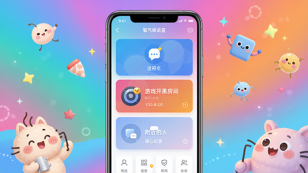 一张展示氧气语音APP界面和功能特色的高清宣传图,画面中央是手机屏幕,屏幕内显示语音聊天室、游戏开黑房间、附近的人等主要功能模块,背景是多彩渐变的光效和可爱的卡通元素,整体风格年轻活泼,画质清晰细腻,干净无多余元素