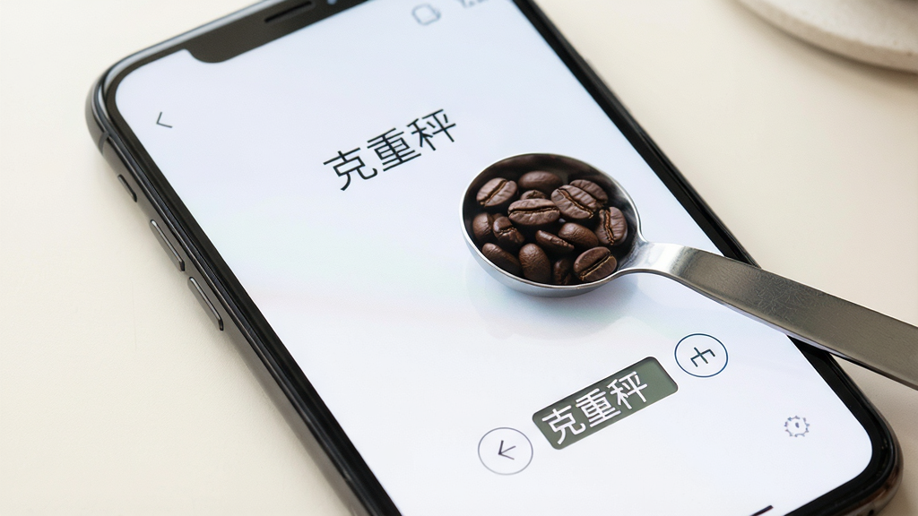一张智能手机屏幕特写,屏幕中央显示克重秤APP的称重界面,界面简洁清晰,显示“克重秤”字样,旁边放着一个银色导电勺作为托盘,勺中盛有咖啡豆,背景为干净的浅色桌面,整体风格清爽专业,高清画质,干净无多余元素