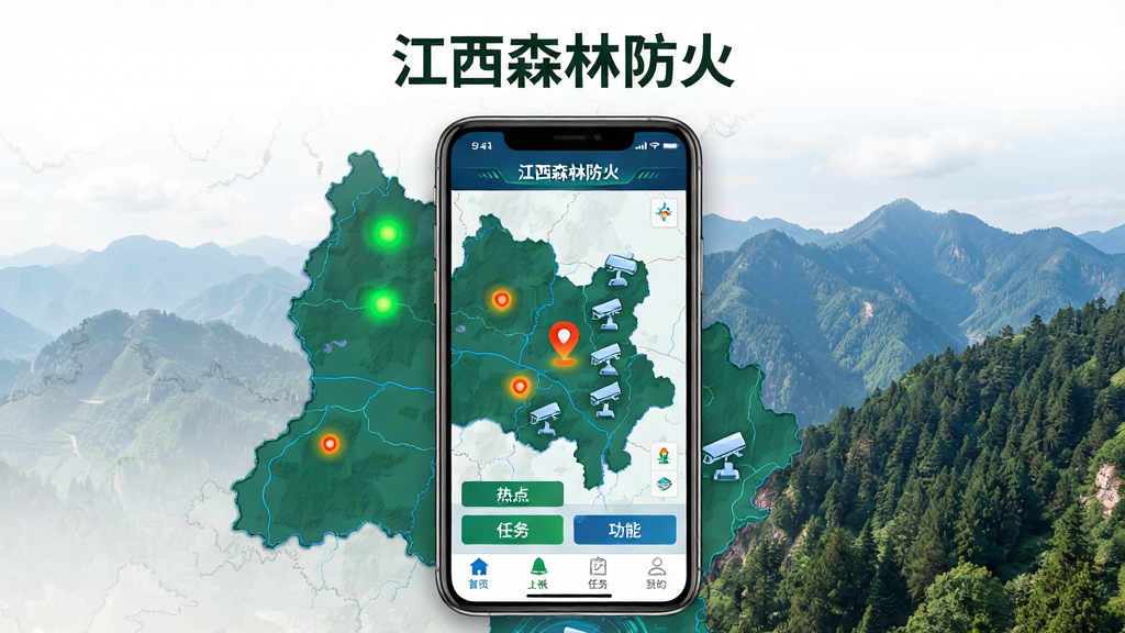 主体:手机屏幕展示“江西森林防火”APP主界面,背景是江西省地图与山林影像。布局:居中构图,手机占画面主体,四周留白,上方有“江西森林防火”字样。排版:界面清晰显示地图、热点图标、功能菜单按钮。风格:写实结合科技感,色调以绿色和蓝色为主。细节:地图上有热点标记、监控点图标,底部导航栏有“首页”、“上报”、“任务”、“我的”等标签。画质:高清、干净、无多余元素。