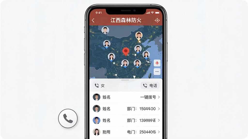 主体:手机屏幕显示“江西森林防火”人员定位与通讯录界面。布局:上方为地图定位点,下方为通讯录列表。排版:地图上有人员头像标记,列表包含姓名、部门、电话。风格:简洁商务风格。细节:有“一键拨号”图标。画质:高清、干净、无多余元素。
