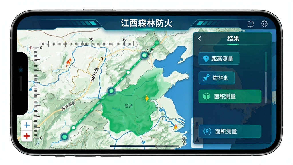 主体:手机横屏显示“江西森林防火”地图操作界面,带有测量工具。布局:左侧为地图,右侧弹出测量结果面板。排版:地图上显示标尺、测距线、面积填充区域。风格:科技蓝与绿色搭配。细节:地图上有“距离测量”、“面积测量”按钮。画质:超清、干净、无多余元素。