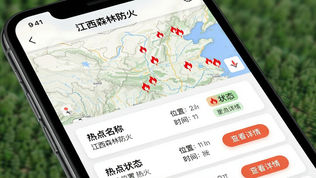 主体:手机屏幕显示“江西森林防火”热点列表与地图标记页面。布局:上方为地图,下方为热点列表卡片。排版:列表包含热点名称、位置、时间、状态标签。风格:简洁信息流风格。细节:地图上有红色火焰图标标记热点,列表卡片有“查看详情”按钮。画质:高清、干净、无多余元素。