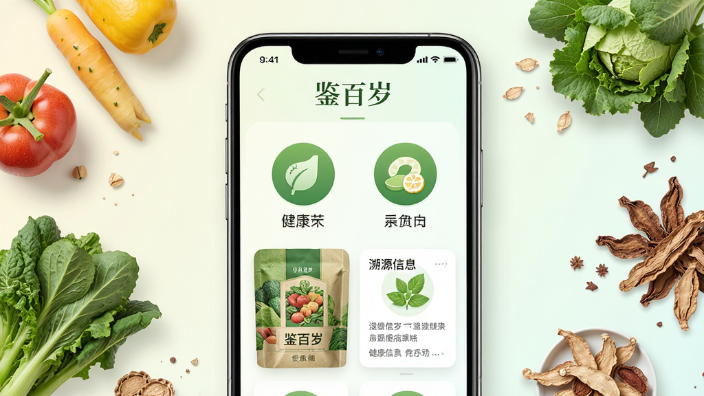 画面主体为“鉴百岁”健康商城应用界面,手机屏幕占据视觉中心,屏幕内展示绿色健康食品分类图标与溯源信息卡片,背景为浅色柔和渐变,搭配新鲜蔬果与药材元素,布局居中对称,排版清晰,风格清新简约,细节突出食材纹理与包装质感,画质高清干净,无多余元素。